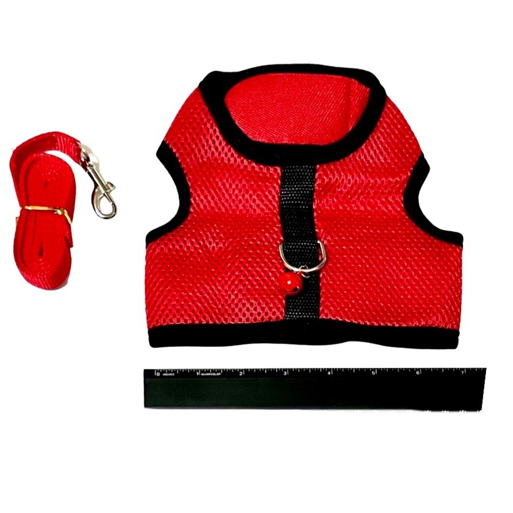 Red and black all-weather padded mesh cat harness w/ bell & leash 2 pc set NWT